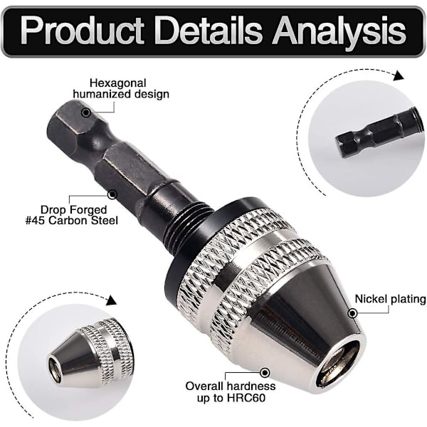 Nyckelfri Mini 3-backs Drillchuck Skruvmejsel Adapter Med Snabbväxling 1/4\" Hex