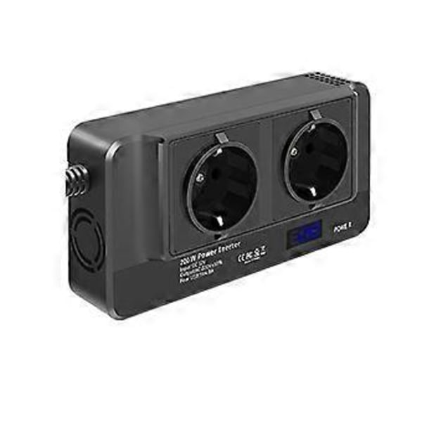 200 W auton invertteri, jännitemuunnin 12 V - 220 V älykkäällä LCD-näytöllä, 2 pistorasiaa ja 4 USB C -liitäntää