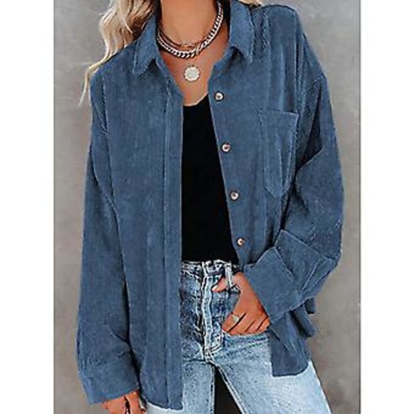 Kordfløyel Skjorte med Knapper Lange Ermer Jakkeslag Kordfløyel Jakke Løs Casual Oversized Bluser Jakke for Vår Høst Blå S