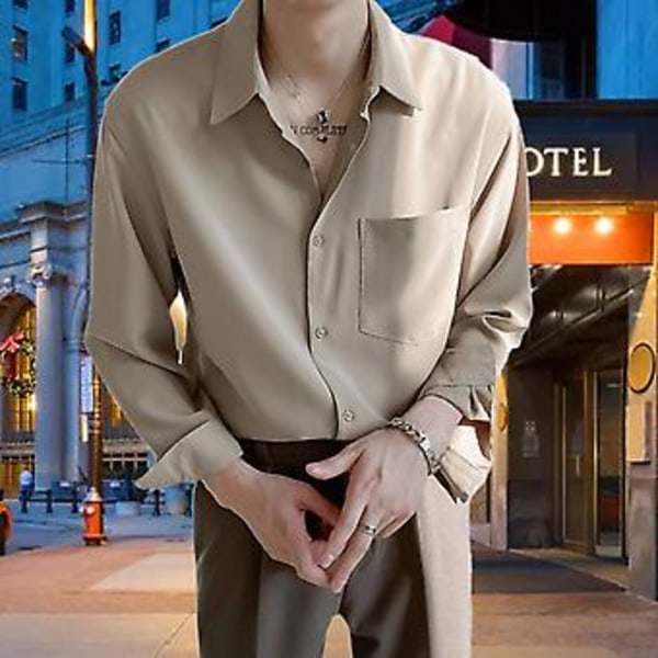 Långärmad herrskjorta bomullsblandning button down nedvikt krage ledig skjorta för vår höst Khaki L