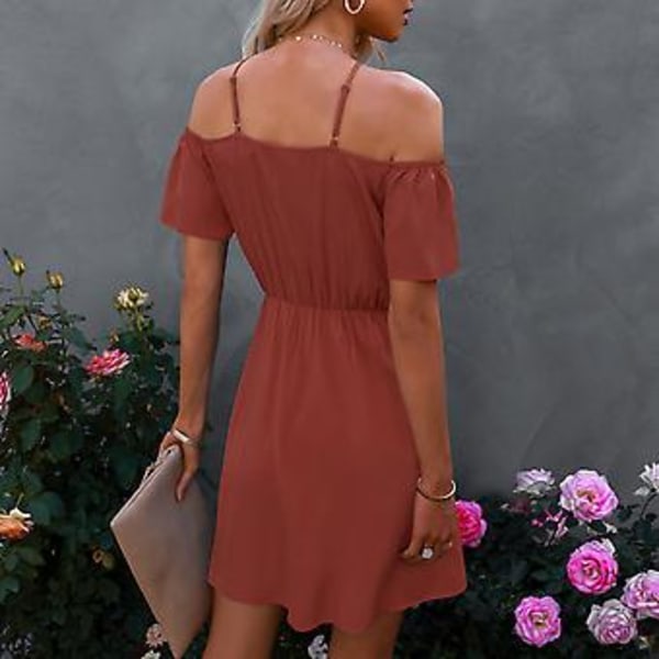 Off Shoulder Kjole Ensfarvet Afslappet Spaghetti Strop Dame Mini Kjole Komfortabel til Sommer Rustrød XL