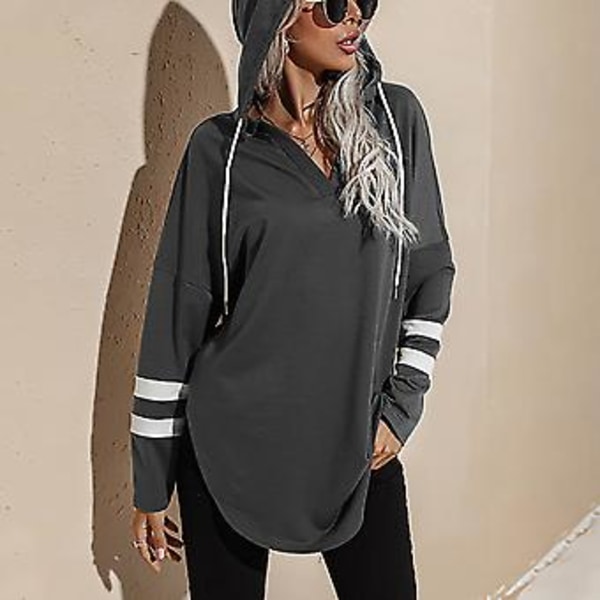 Blus V-ringning Långärmad Dragsko Oregelbunden Lös Fåll Casual Huvtröja för Kvinnor Grå M