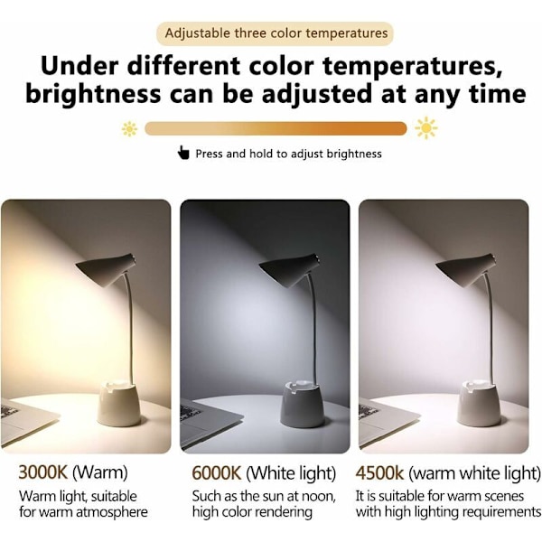 Skrivebordslampe, LED-bordlampe 3 lysmoduser og berøringssensor, 360° roterende skrivebordslampe med dimbar intensitet for lesing, studering, arbeid (hvit)