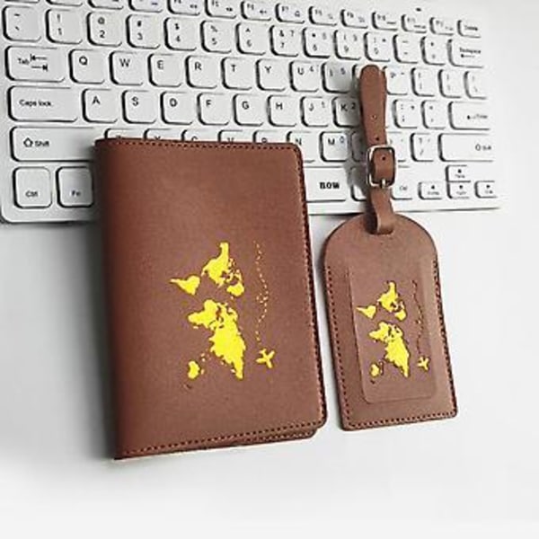 Bagageetiketter och Passfodral Set PU Läder Kart Bagageetiketter Resväska Etiketter Passhållare Resepresent