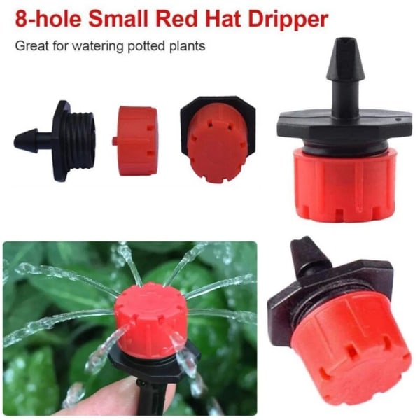 100st justerbar röd droppare 8 hål 4/7 kapillär liten röd hatt munstycke Trädgårdsarbete Micro-spray droppbevattning Blomma vattning Fruktträd Gre