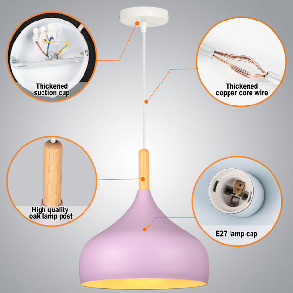 Modern nordisk taklampa i metall och trä, justerbar inomhuspendellampa, lila