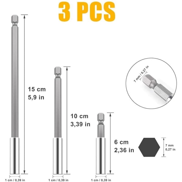 3 kpl 1/4 60/100/150 mm porakoneen terän pidike magneettinen ruuvimeisselin jatkopala ruuvimeisselin kuusiokolovarsi 60 mm 100 mm 150 mm ruuvimeisselin terän jatkopala, mutterit ja kaikki