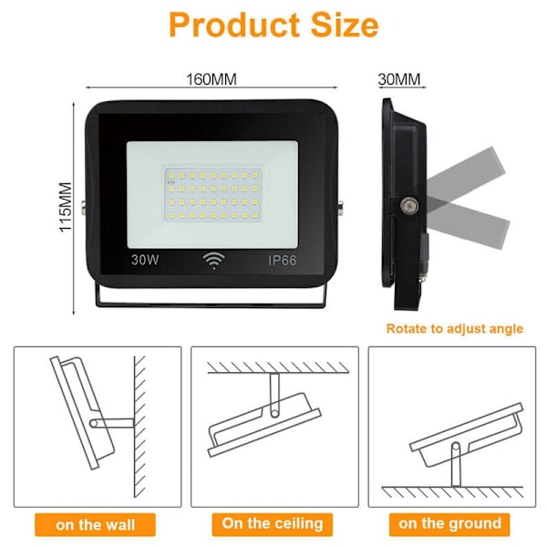 30W LED-strålkastare Svart rörelsedetektor Varmvit 3000K