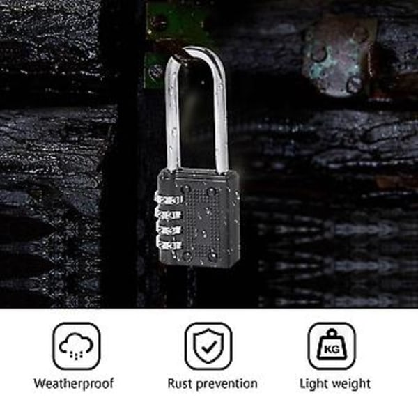 2 kpl Ulkokäyttöön tarkoitettu yhdistelmälukko pitkällä sangatapilla, 6,5 cm sanka, vedenpitävä, 4-numeroinen nollattava Co