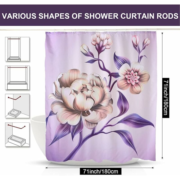 Duschdraperi 180 x 180 cm Vattentät Anti-Mould Polyester Badrumsdraperier med 12 Krokar (Blommor Lila, 180 x 180 cm)