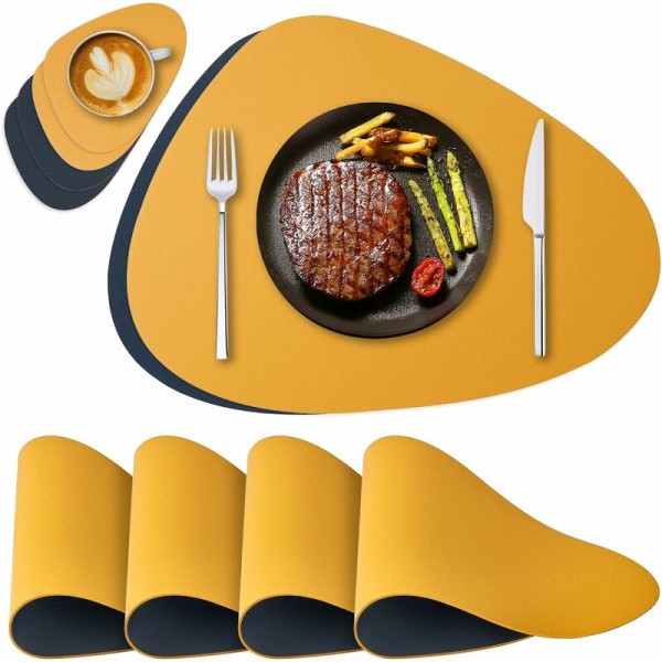 Bordsunderlägg Vändbar läder 4-pack bordsmattor tvättbara och 4-pack underlägg för hemkök matsal Gul+svart