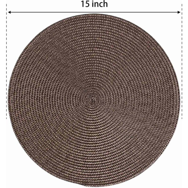 Sæt med 6 runde flettede dækkeservietter til spiseborde - skridsikre, vaskbare, vævede dækkeservietter 15 tommer (brun)