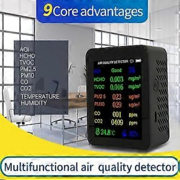 9 i 1 Bærbar Luftkvalitetsmåler PM2.5 PM10 CO CO2 TVOC HCHO Temperatur Fugtighedstester Farveskærm, Hvid