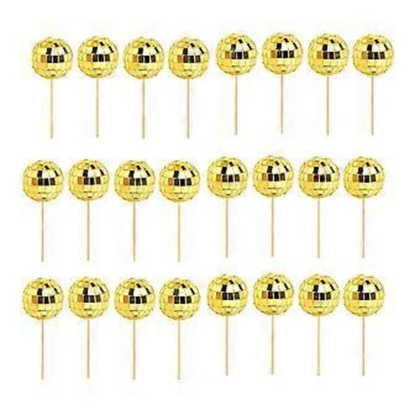 24 STK. Diskokugle Cupcake Toppers Diskokugle Cupcake Picks Reflekterende Spejlkugle Kage Toppers Disko Dekorationer Guld