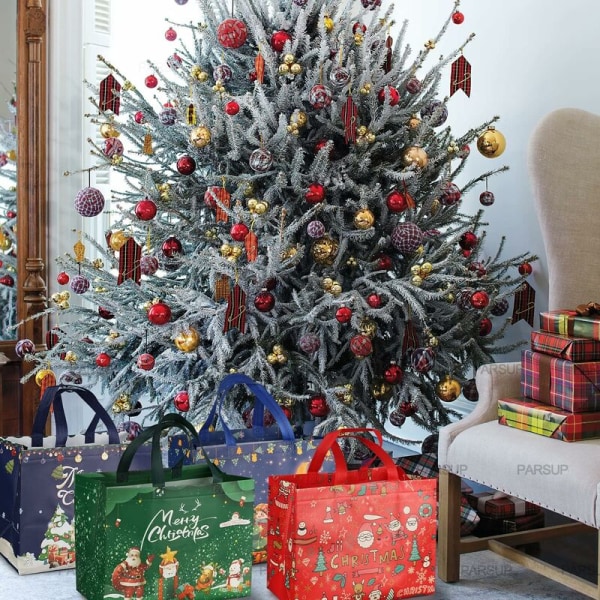 4 stk julegaveposer, julevesker med håndtak, julegodteposer, juleposer i non-woven for innpakning av gaver, julepar