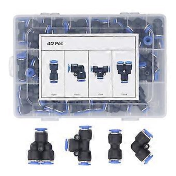 1 Sæt 40 stk. Push to Connect Luftfittings Højtryksbestandig 8 mm Pneumatisk Fittingssæt til Polyurethan Nylon PE-rør