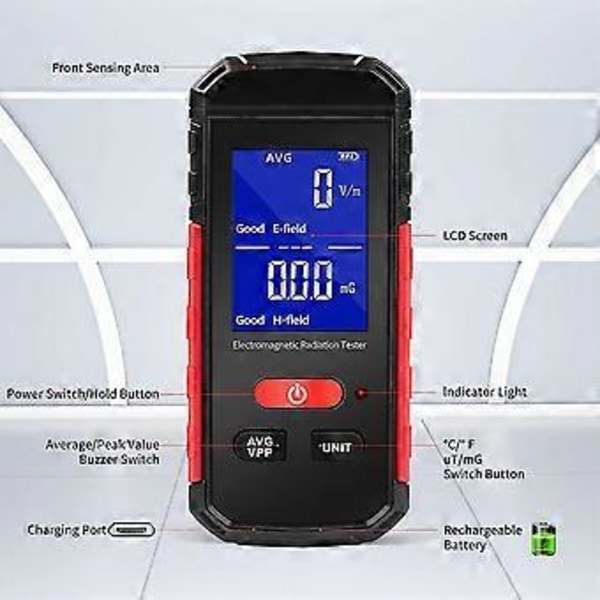 EMF-mätare, elektromagnetisk strålningsdetektor, uppladdningsbar digital EMF-testare, elektrisk/magnetisk fältmätare