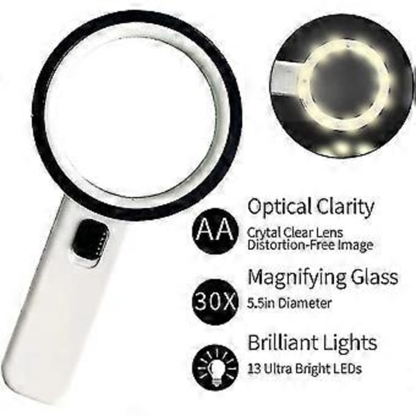 Forstørrelsesglas med 12 LED-lys, 30x håndholdt belyst forstørrelsesglas