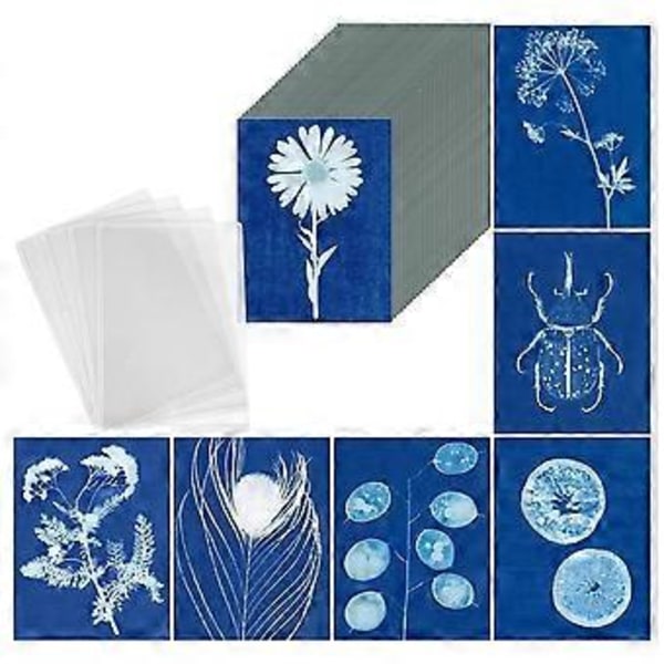 Soltryckspapperskit, 100 ark Cyanotyppapper med 4 ark Akrylpanel, A5 Solkonstpapper, Solartstryckpapper