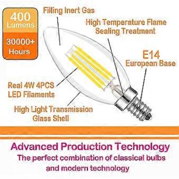 E14 Europeisk Sockel LED Filament C35 Bullet Top Vintage Edison Glödlampa, 4W Kallvit 6500k, Ej dimbar, 4 st