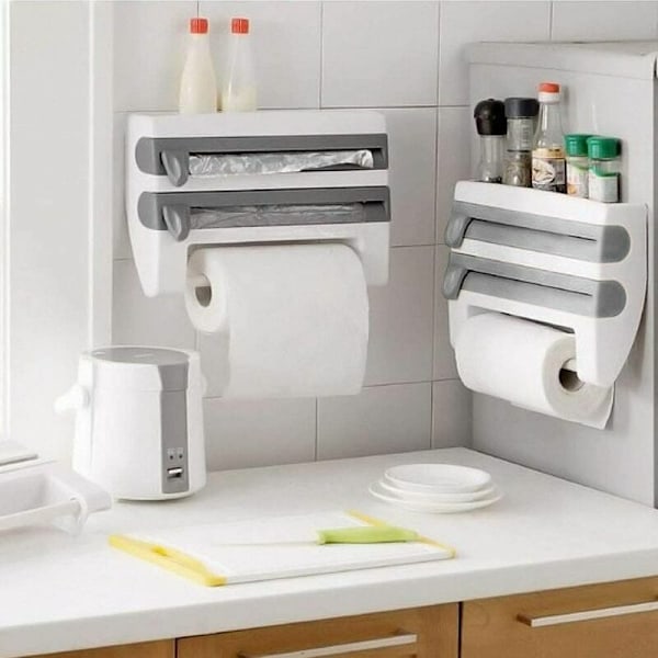 Aluminiumsfolie og husholdningsfilm dispenser, rullepapirholder med skarpe blade og opbevaringshylde, til køkken badeværelse 15,35 x 3,94 x 9,45 tommer