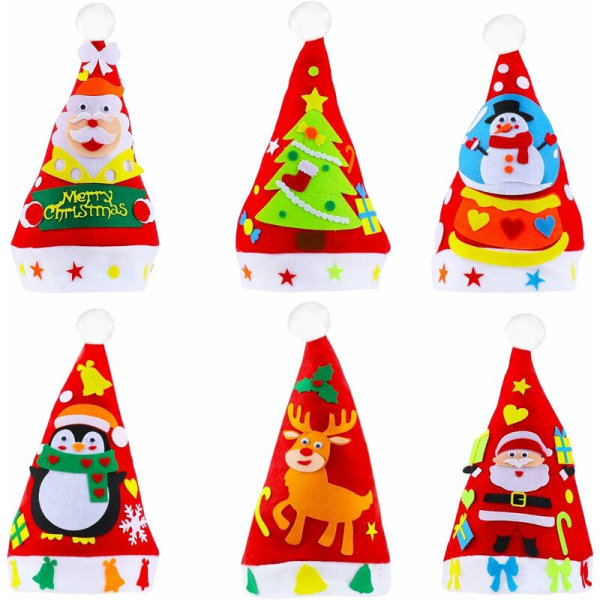 6 stk. julehatte til børns juleaktiviteter, gør-det-selv julefest filthat til kostumer juleforklædninger, juletræ julemand