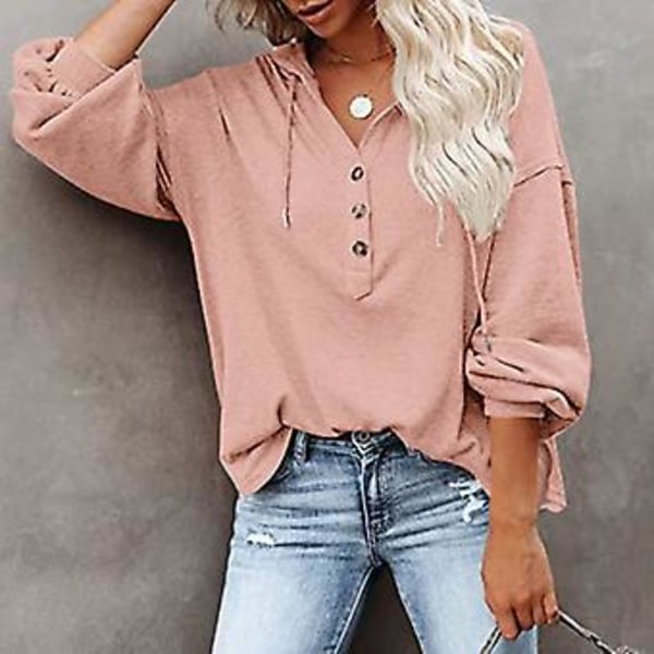 Blus Långärmad V-ringad Knapp Enfärgad Casual Trendig Hooded Toppar för Kvinnor Rosa S