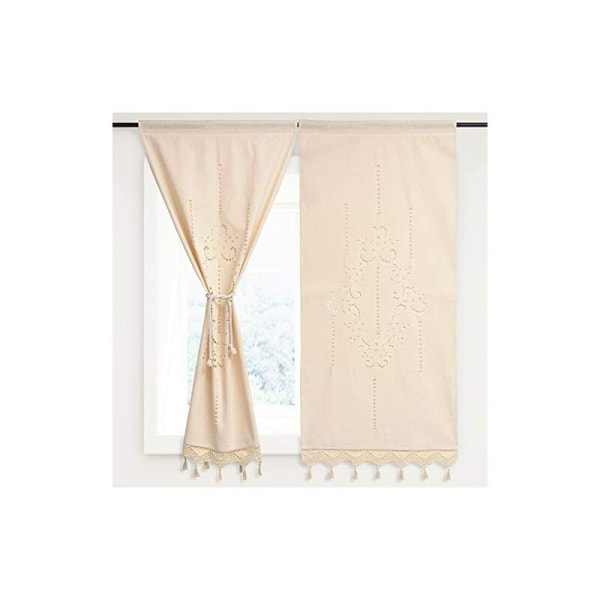 Vit bomullsbroderad köksgardin, cafégardin, matsalsgardin med krok tofskant 70x150cm (beige 2 paneler)