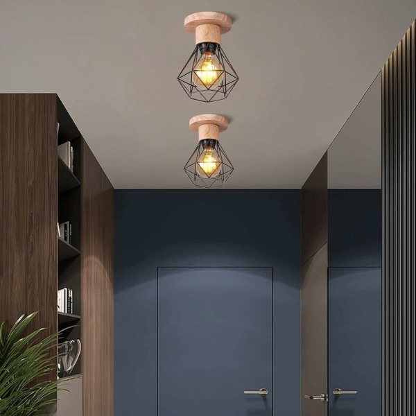 Industrial Ceiling Light Flush Mount Pendant Lamp Metal Wood Hanging Lamp for Hallway Bedroom Stairway Black