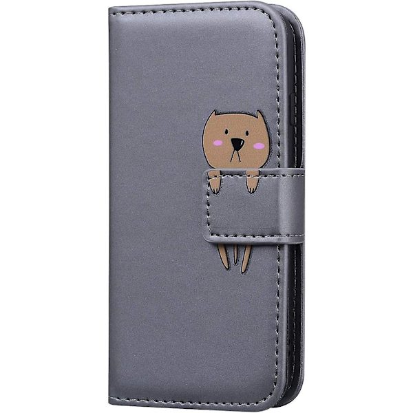 Telefoncover til iPhone 11, tegneserie kattedyr mønster mobiltelefon cover læder flip cover med kortspor + stativ (grå)