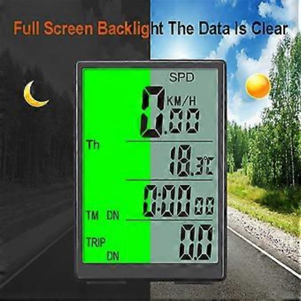 Trådløs cykelcomputer vandtæt speedometer med grøn LCD-baggrundsbelysning