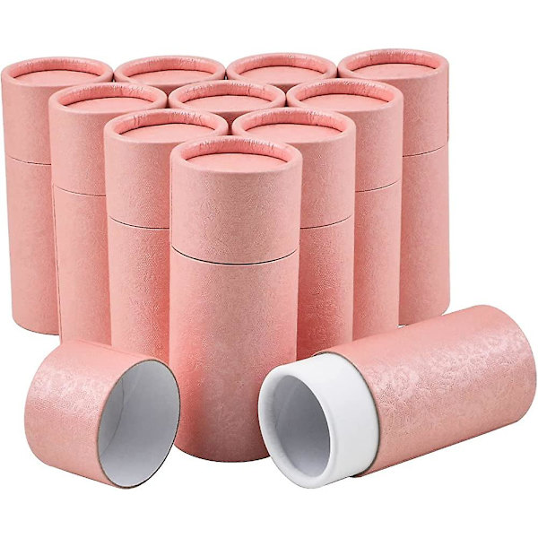Set med 12 små runda rosa kartongrör i kraftpapper