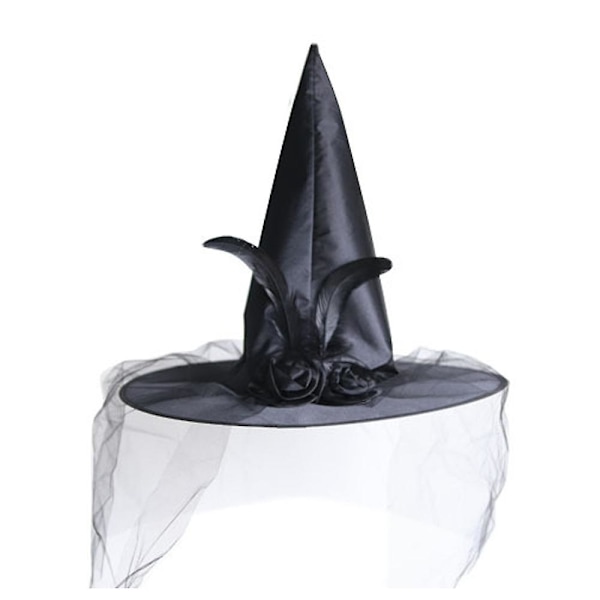 Halloween heksehat til fest, heksehatte, dameheksehatte med roser og fjer, sort