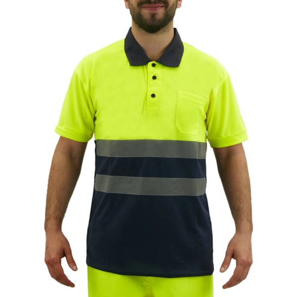 Kortærmet polo-shirt med gul-blå refleks for jobsikkerhed størrelse XL