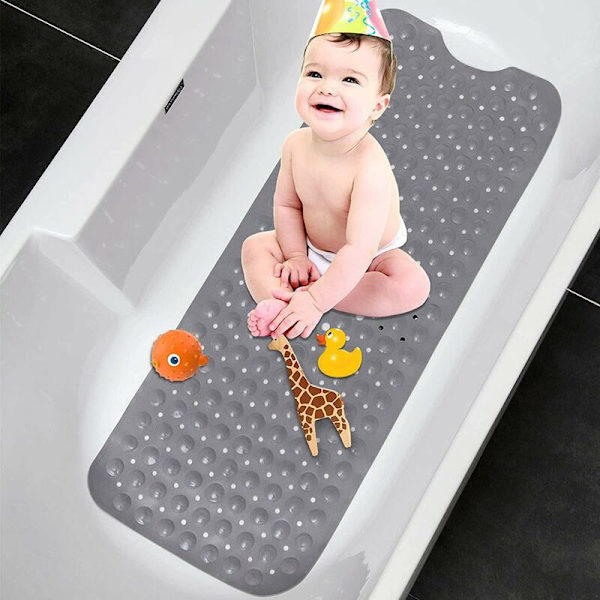 Duschmatta 100 x 40 cm - Extra lång tvättbar badrumsmatta - halkfri badrumsmatta med sugkopp i PVC-material (grå)