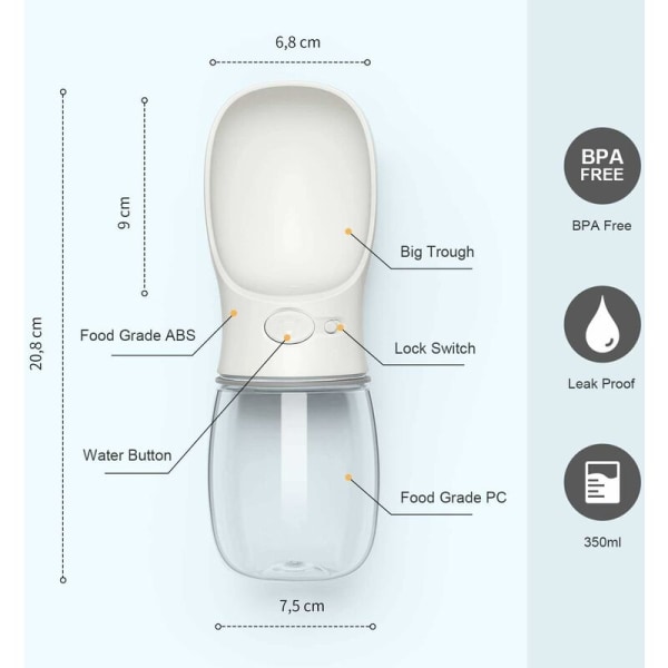 Bærbar vannflaske for hund, vanndispenser for kjæledyr, antibakteriell matkvalitet, lekkasjesikker hundekatt reiseflaskebolle, utendørs drikkeflaske for kjæledyr (350 ml, hvit)
