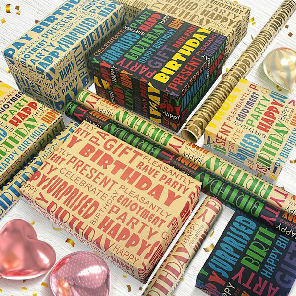 Kraft presentpapper, presentpapper för födelsedagar, retro presentpapper, presentpapper för barn och män till alla födelsedagar