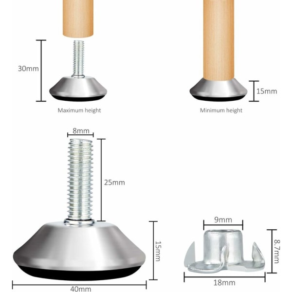 Justerbare møbelføtter - Medium Duty Leveling Glides med T-mutter for skap, sofa, ben, hjemmekontor M8 x 25 x 40mm