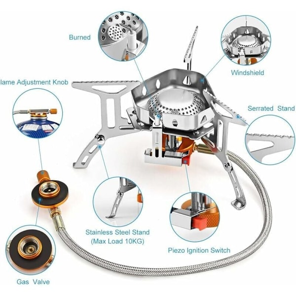 Campingovn, bærbar 3500W sammenleggbar gasskomfyr Anti-vind gassbrenner med tenningsknapp for fotturer/utendørs/piknik/grill/fotturer/trekking