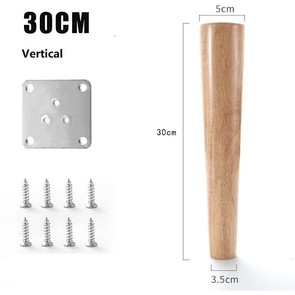 30cm Trebord Ben i Sett med 4 Koniske Skråstilte Massivt Tre Møbler Ben med Monteringsplater og Skruer for Sofa Seng Skap Sofa Stol (Vertikal)