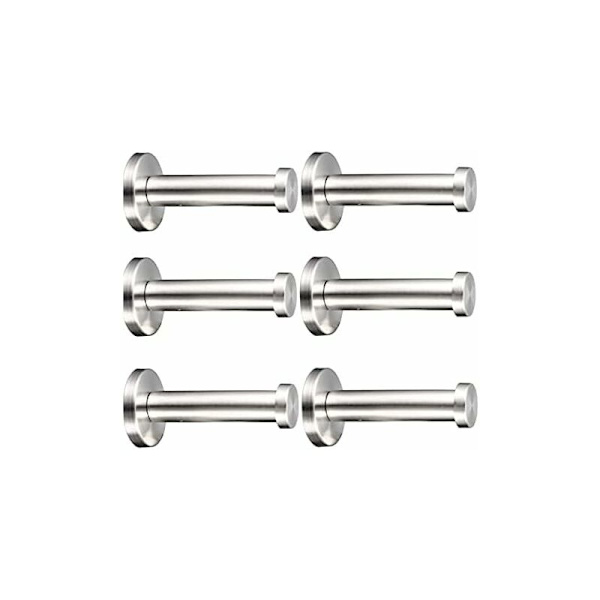 6 stk. vægmonterede knager, rustfrit stål børstet badeværelse knager vægmonterede knager, krom finish, rund base (70mm6)