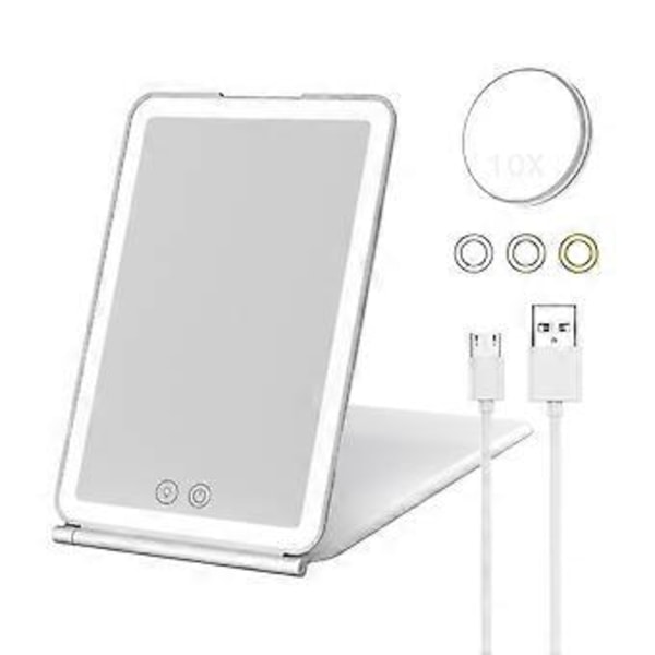 1X 10X Bærbart Sminkespeil Berøringsskjerm USB Oppladbart Med 3 Fargelys