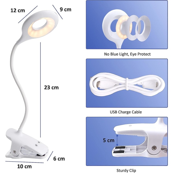 Oppladbar trådløs LED-bordslampe - Touch nattbordslampe med klemme for barn - 3 farger og 3 dimbare innstillinger - Bærbar Clip-on Reading Li