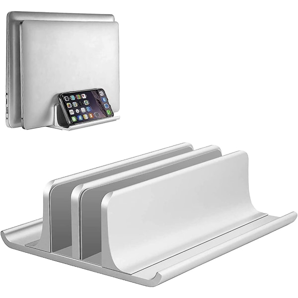 Justerbart dubbelt vertikalt stativ för bärbar dator - platsbesparande notebookställ i aluminium för Macbook Pro/air, Ipad, Samsung, Huawei, Surface, Dell, Hp