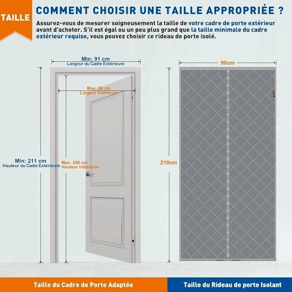 Lämpöeristetty oviverho 90 x 210 cm, paksu talvioviverho, kylmää ja ääntä eristävä, magneettinen puuvilla, harmaa