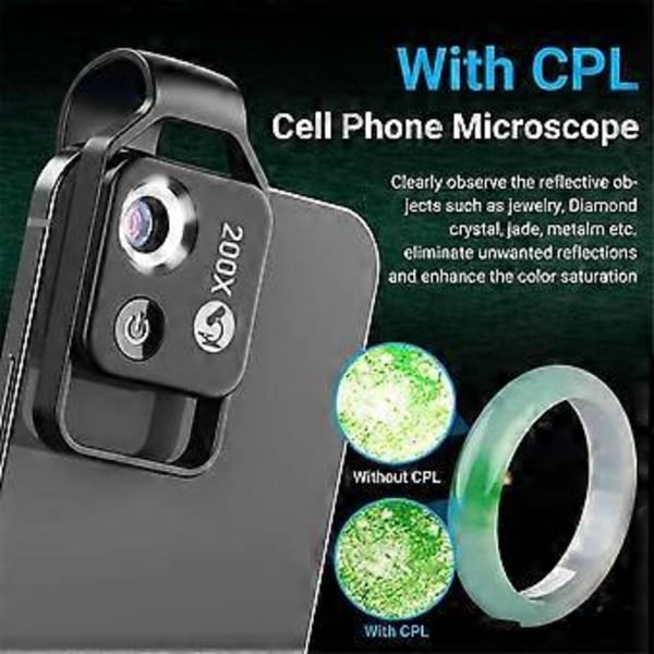 200X Mini Lommemikroskop til Telefon med LED-lys/Universal Klips, Bærbart Digitalt Mikroskop Kamera (Hvid, med CPL)