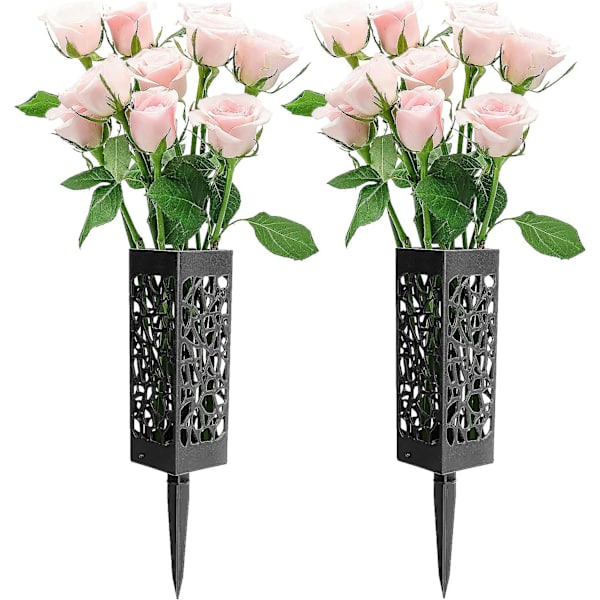 Gravvase, 12'' størrelse kirkegårdsvase blomsterholder, svart plast minnesvase med lang piggstake og dreneringshull for gravsteiner grav F