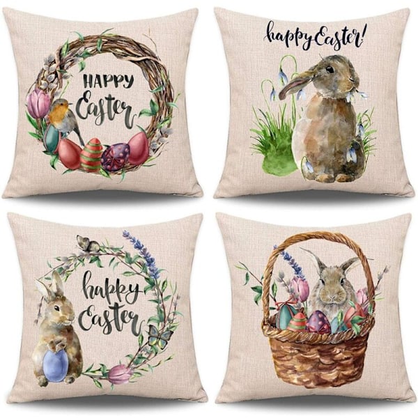 4Pcs Easter Bunny Eggs Cushion Cover Spring Cotton Linen Sofa Bed Throw Pillow Case