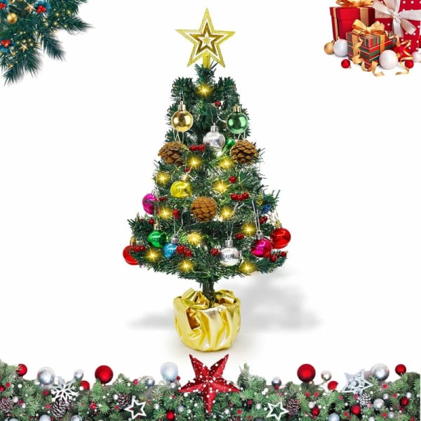 45 cm kunstig juletre, lite juletre med LED-lys, batteridrevet juletrepynt med gyllen stjerne Fargerik Ba
