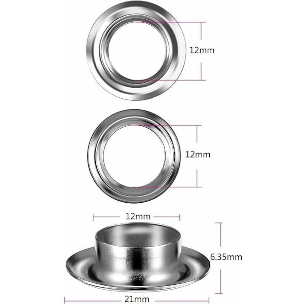 Grommetsettverktøy 12mm Metallmaljersett 100 Sett Grommetsett Maljersett for Lerrepresenning Teltreparasjon Sølv (1/2 Tomme),